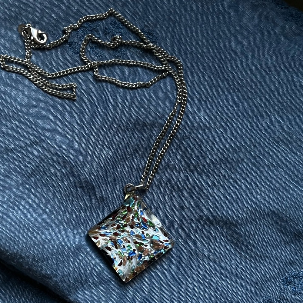Square glass pendant with silver chain (925)